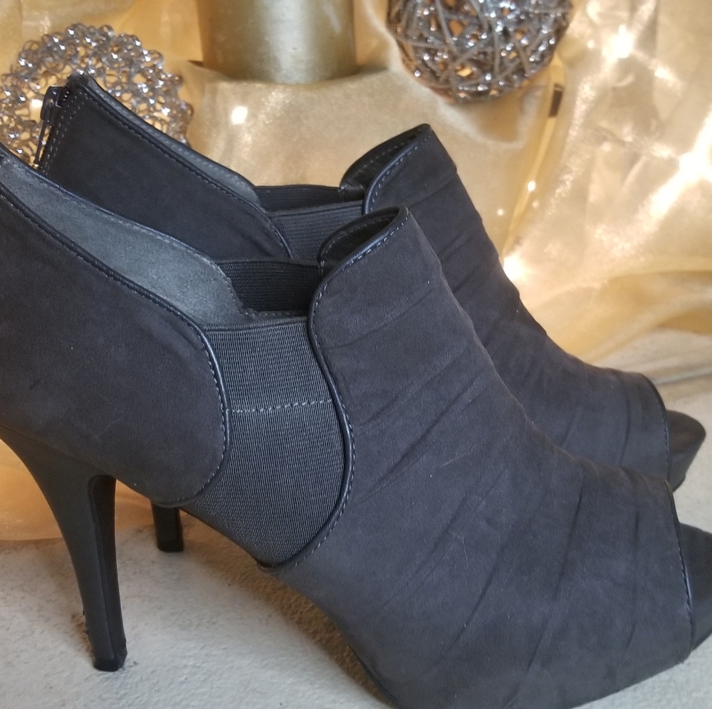 Smokey Grey Peep Toe Suede Booties by Fergalicious